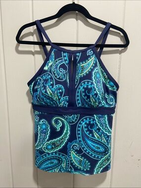 Lands' End Navy Paisley High-Neck Swim Top